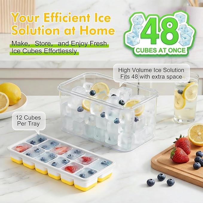 NFK Ice Cube Tray with Lid & Bin - 4 Pack 48 Cubes Stackable Silicone Trays for Freezer with Storage Container, Leak-Proof Lids, BPA-Free, Easy Release for Kitchen, RV, Party, Cocktail & Coffee