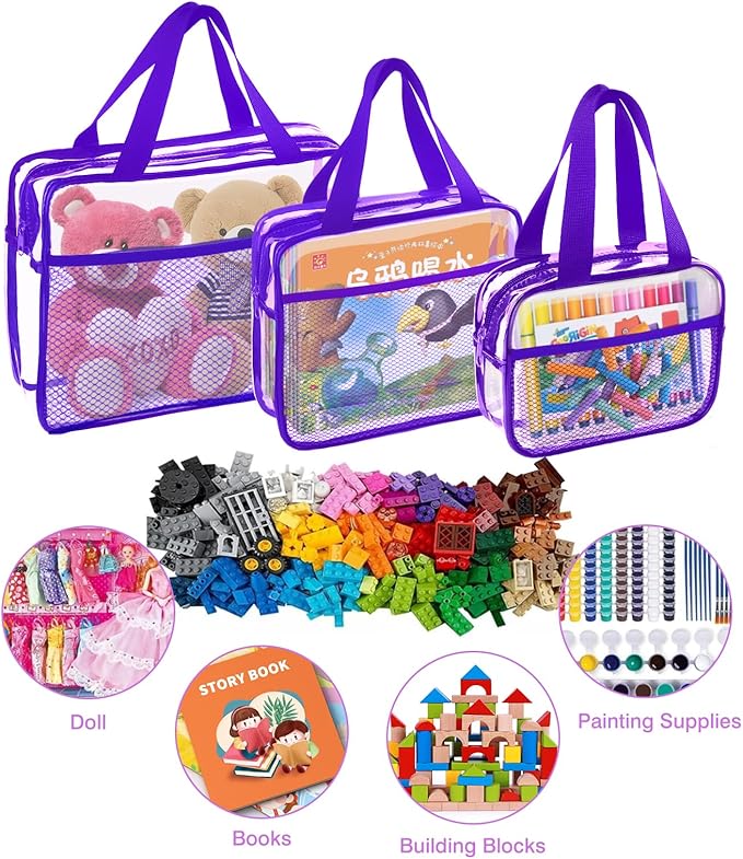 XEWEA Clear Travel Toiletry Bags, 3 Pack TSA Approved Transparent Makeup Bag for Men Women, Large Waterproof PVC Quart Organizer with Zipper for Toiletries Airline Essential,Toy Storage Pouch Purple