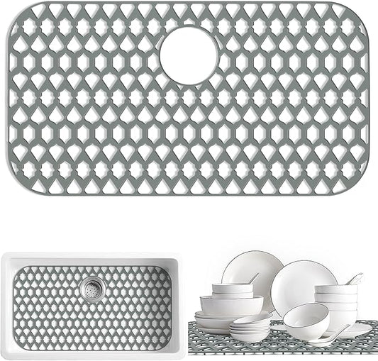 Sink Protectors for Kitchen Sink, Kitchen Sink Accessory - Silicone Mats Grid for Stainless Steel Strainer Bottom of Farmhouse Porcelain sinks (30”x16”, Rear Drain)