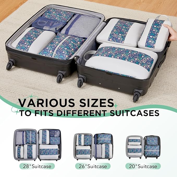 8 Set Compression Packing Cubes for Travel Essentials, Compressible Expandable Packing Cubes for Suitcase, OlarHike Luggage Organizer Bags for Travel (Dark Blue Floral)