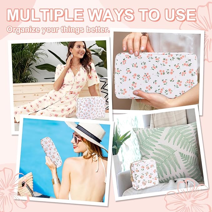Waterproof Mini Floral Makeup Bag Pouch for Purse, Nylon Flower Cosmetic Travel Bag Small Preppy Toiletry Organizer Bag for Women Girl, Cute Zipper Pouch Coin Purse for Work (Mini White-Flowers)
