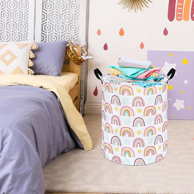 Kids Rainbow Hamper Laundry Basket Storage Bins Gift Organizer Clothes Toy Box Large Canvas Collapsible Chest for Home/Dorm/Kitchen/Pet/Office/Closet/Shelf/Room Decor
