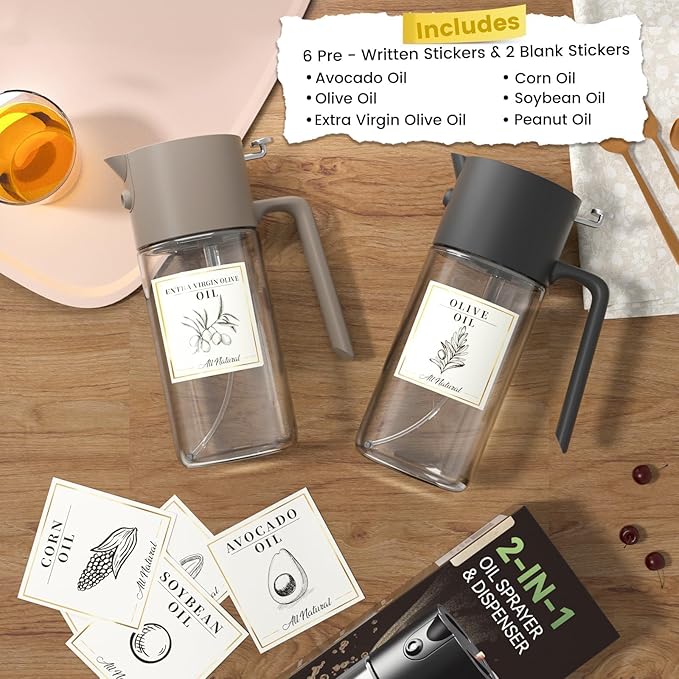 2 in 1 500ml/17oz Oil Sprayer for Cooking, 2026 Large Advanced Glass Olive Oil Dispenser Bottle w/stickers, Even Spray with Portion Control for Kitchen, Air Fryer, Salad, BBQ - Black