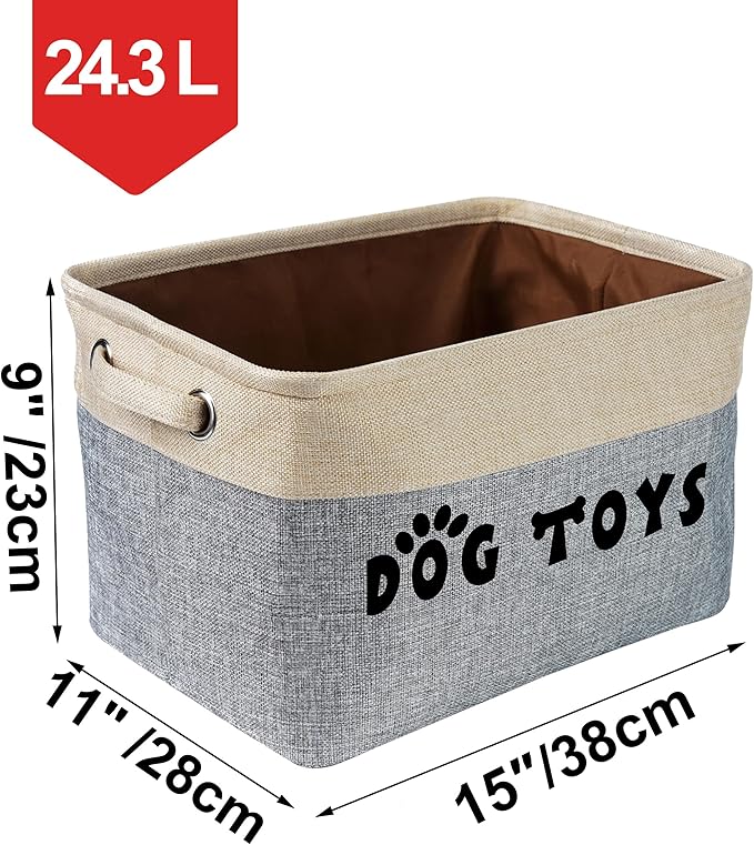 PET ARTIST Dog Toy Basket, Collapsible Dog Toy Bin Box with Comfortable Handles, Large Pet Toy Storage Basket Organizer for Accessories, Toys, Coat & Clothing, Blanket & Leash, Gray, 15"x11"x9"