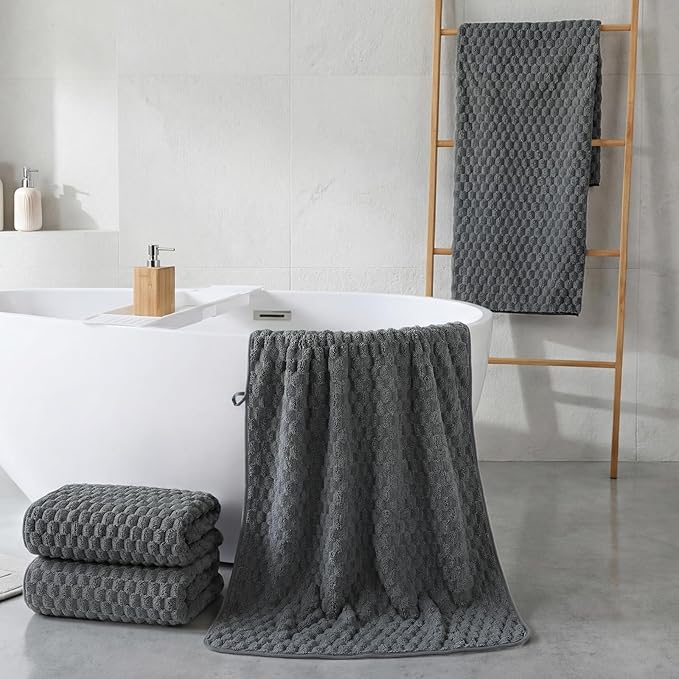 REDKISS 4 Pack Charcoal Gray Microfiber Bath Towels - Large Shower Towels Set for Bathroom, Super Absorbent Towel Set of 4 Large, Quick Dry Bathroom Towel for Spa, Gym, Travel, Lint Free, Ultra Soft