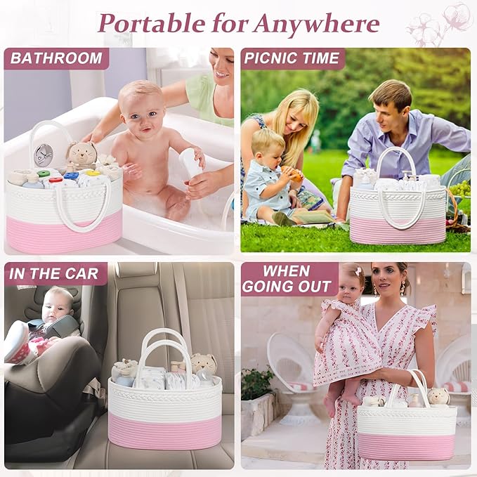 Baby Diaper Caddy Organizer, Cotton Rope Diaper Basket, Baby Basket for Changing Table, Nursery, Car, Changing Table Storage Bin With Removable Divider, Baby Shower Gifts for Newborn, Baby Essentials