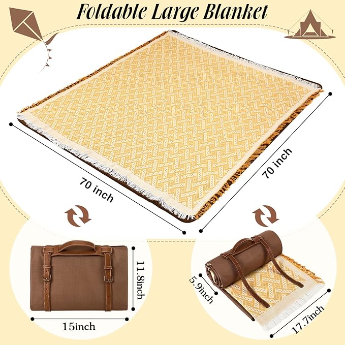 VitalCozy Waterproof Picnic Blankets Outdoor Blanket Foldable 2 in 1 Double Layer Sandproof Beach Mat with Carry Strap for Camping Lawn Park Beach Grass (Yellow White)