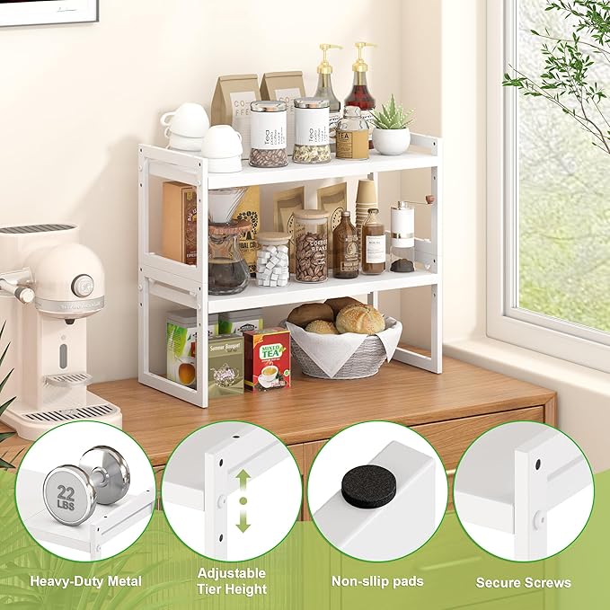DOLALIKE Expandable Kitchen Countertop Organizer, Stackable Cabinet Shelf Organizers, Space Saving Spice Rack Pantry Storage for Bathroom Office Organization (White, 1 Tier)
