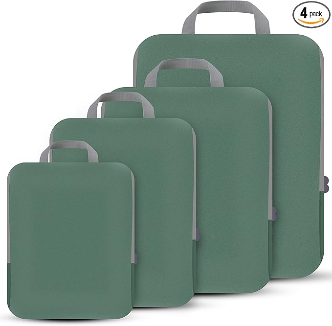 4 Set Compression Packing Cubes Travel - Travel Accessories Expandable Packing Organizers for Carry On - Essentials Luggage Bags - Green