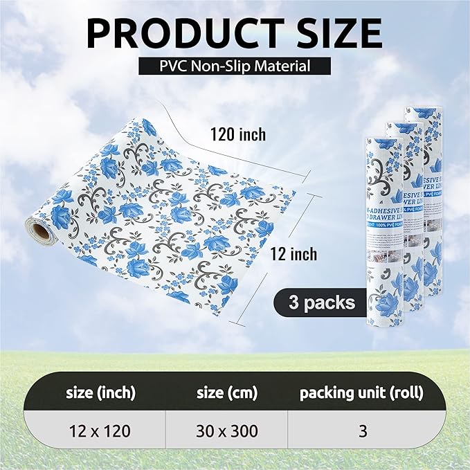 FIFTY FEET 12X120 Inch Shelf Liner for Kitchen Cabinets, PVC Drawer Liner for Dresser Non-Slip Bathroom, Non-Adhesive Cabinet Liner Washable (Blue Floral)(3 Roll)
