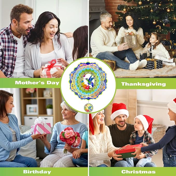 Wind Spinners - 12 Inches Large Metal Hummingbird Wind Spinner, 3D Reflective Wind Sculptures for Home, Outside Decor, Garden, Yard Art, Gifts for Mom, Daughter, Grandma's Birthday, Light Green