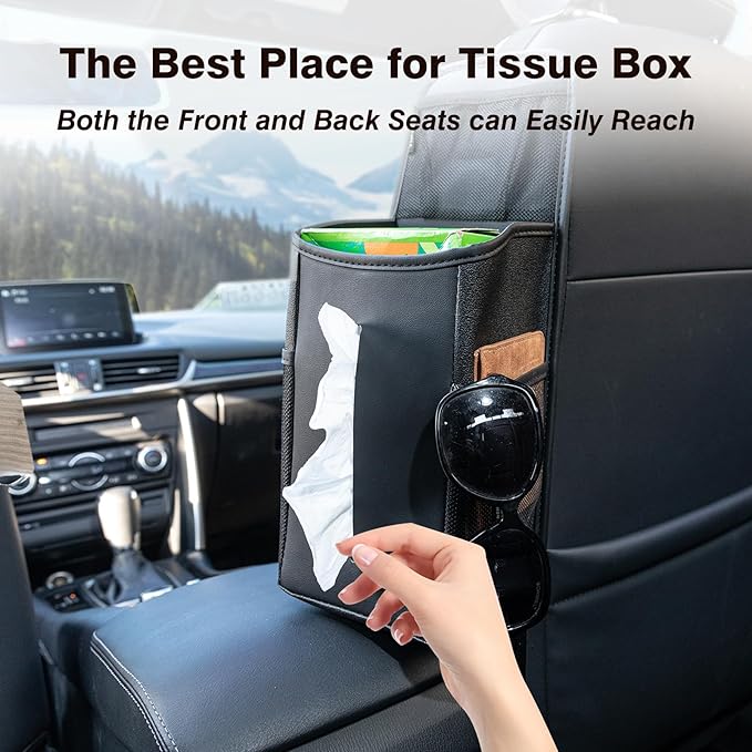 Car Tissue Holder, Rectangle Tissue Box Cover for 60/120/180 Count Kleenex Tissue Boxes, Car Storage Organizer Front Seat with Napkin Holder and 3 Pockets,Seat Side Car Organizer for Cars,SUVs,Trucks