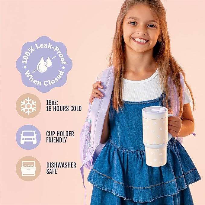 Ello Oasis 18oz Stainless Steel Kids Tumbler with Handle & Retracting Straw, 100% Leakproof, Double-Wall Vacuum Insulated, Kids Water Bottle for School, BPA Free, Dishwasher Safe, Orange Daisies