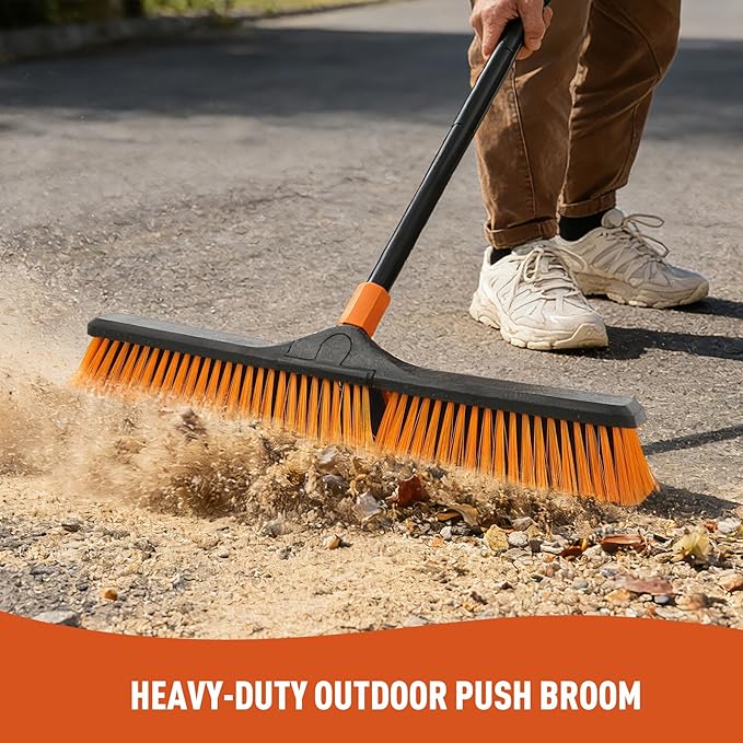 CLEANHOME 24”Push Broom Brush for Floor Cleaning with 65” Long Handle and Stiff Bristles, Heavy Duty Brush for Shop, Deck, Garage, Concrete,Indoor and Outdoor Broom,Orange