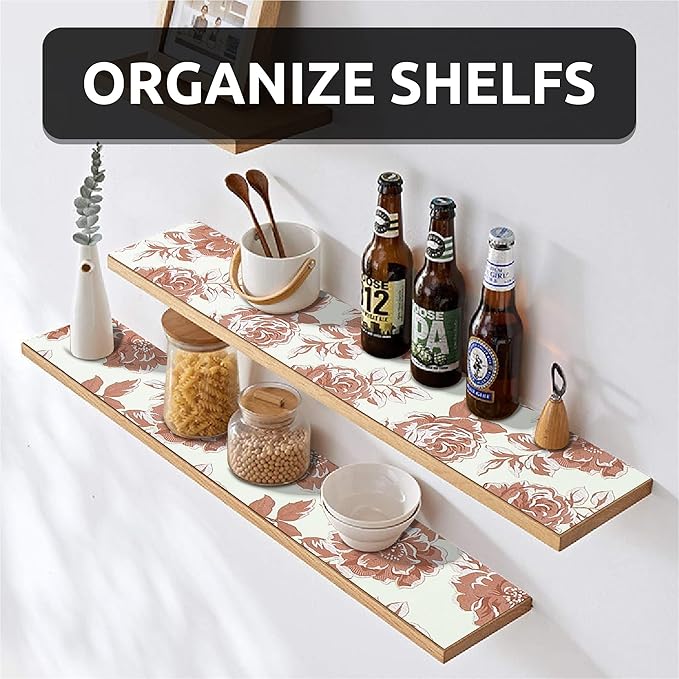 FIFTY FEET 18X96 Inch Shelf Liner for Kitchen Cabinets, PVC Drawer Liner for Dresser Non-Slip Bathroom, Non-Adhesive Cabinet Liner Washable (Red Flower)(6 Roll)