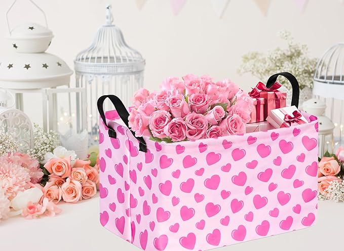 Rec Heart Print Box Hamper Storage Basket Collapsible Organizer Bin Gift Shelf Baskets for Home and Kitchen Storage