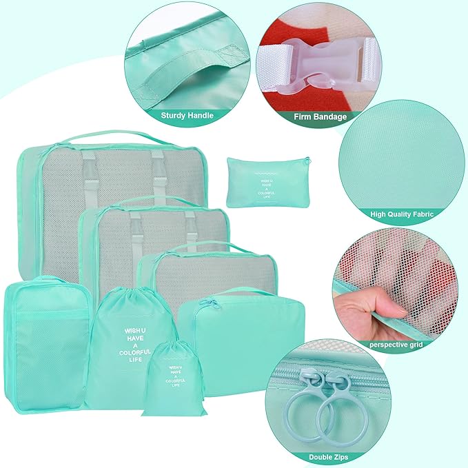 8 Set Packing Cubes for Suitcases, kingdalux Blue Travel Luggage Packing Organizers with Laundry Bag, Compression Storage Shoe Bag, Clothing Underwear Bag, for Women & Men