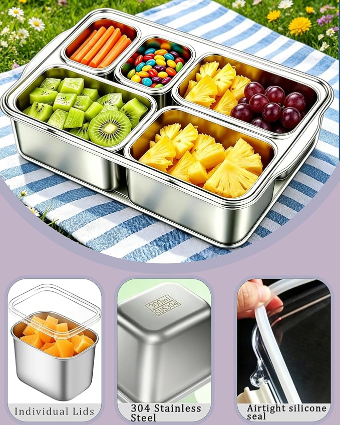 Snackle Box Container, Stainless Steel Divided Serving Tray with Lid and Handle, Large Snack Tray for Fruit Veggie Candy, 5-Compartment Snack Platter for Travel Party Beach Picnic