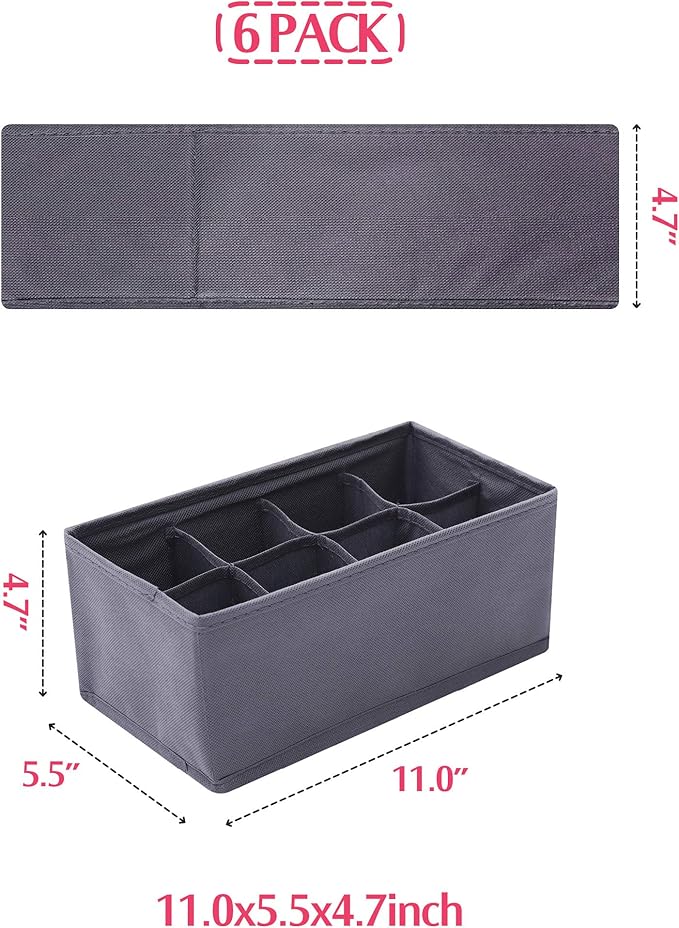 DIOMMELL 6 Pack Foldable Cloth Storage Box Closet Dresser Drawer Organizer Fabric Baskets Bins Containers Divider for Clothes Underwear Socks Lingerie Clothing, Dark Grey 00-0600