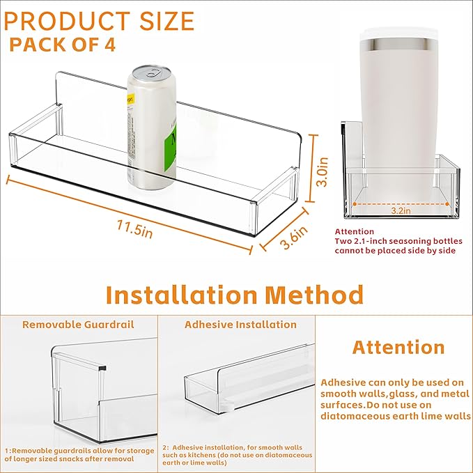 Yieach 4 Pack Clear Spice Rack Wall Mount with Adhesive,11.5″L x 3.6″W,Stick on Seasoning Jar Spice Organization for Cabinet Door or Pantry Door,Adhesive Wall Spice Rack for RV,Kitchen,Inside Cabinets