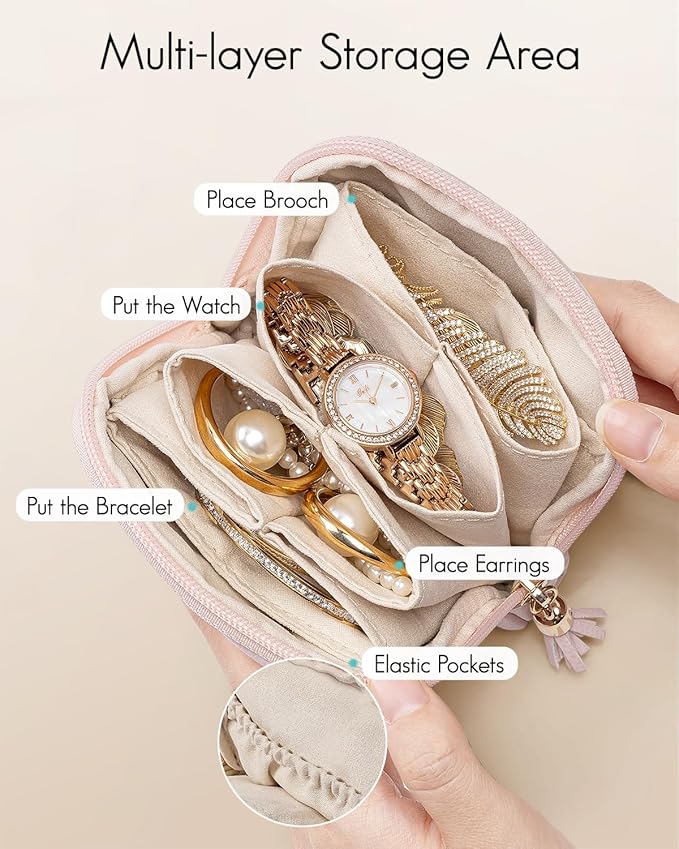 Vlando Small Jewelry Travel Case,Jewelry Pouch Bags with Zipper,Velvet Jewelry Organizer Storage Bag for Bracelet Rings Earring Travel Essentials Gifts for Women Girl-Pearl Pink