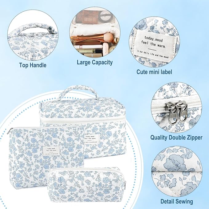 3Pcs Makeup Bag Quilted Cosmetic Bag Set Bow Travel Large Makeup Pouch for Women Cute Portable Cotton Toiletry Bag Skincare Organizer Coquette Vintage Travel Essential