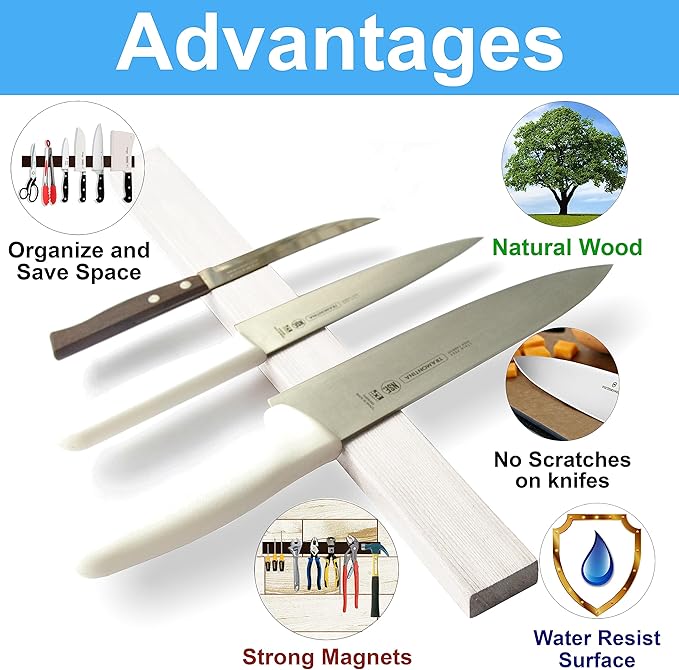10 Inch White Magnetic Knife Holder for Wall No Drilling Use as Magnetic Knife Strip - Magnetic Knife Bar - Wall Kitchen Knife Magnetic Holder