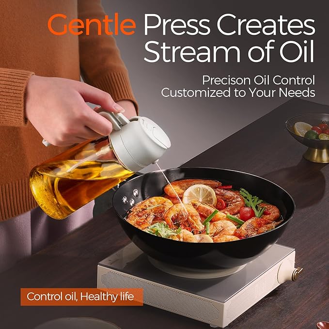 YARRAMATE 2Pcs 16oz/470ml 2 in 1 Oil Sprayer for Cooking with Stickers, Food-grade Glass Oil Spray Bottle, Oil Dispenser and Oil Sprayer for Kitchen, Salad, Frying, BBQ (White & Orange)