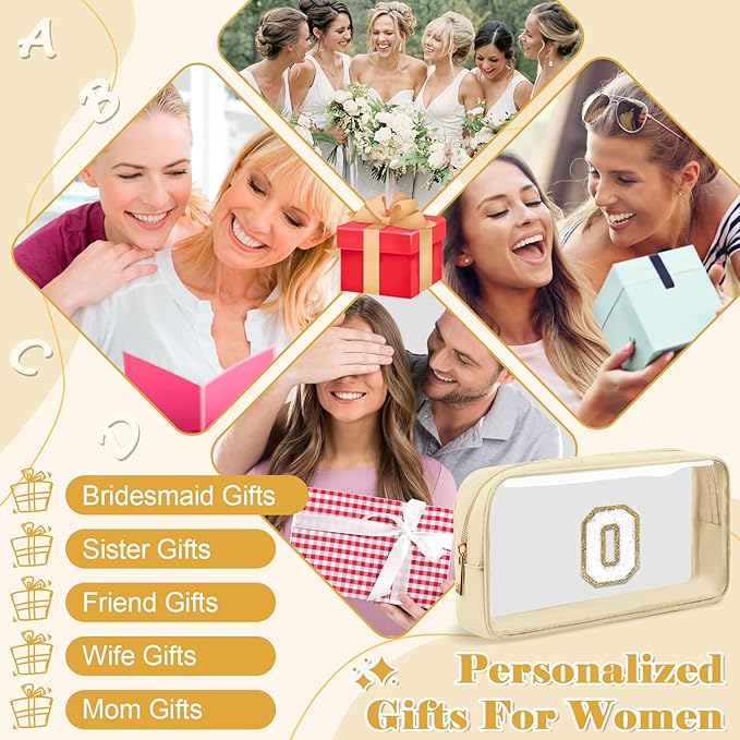 Personalized Initial Letter Clear Makeup Bag, Preppy Small Nylon & PVC Cosmetic Zipper Bag with Chenille Letter, Portable Beach Travel Skincare Toiletry Bag, Trendy Monogram Gift for Teen Girls Women, O