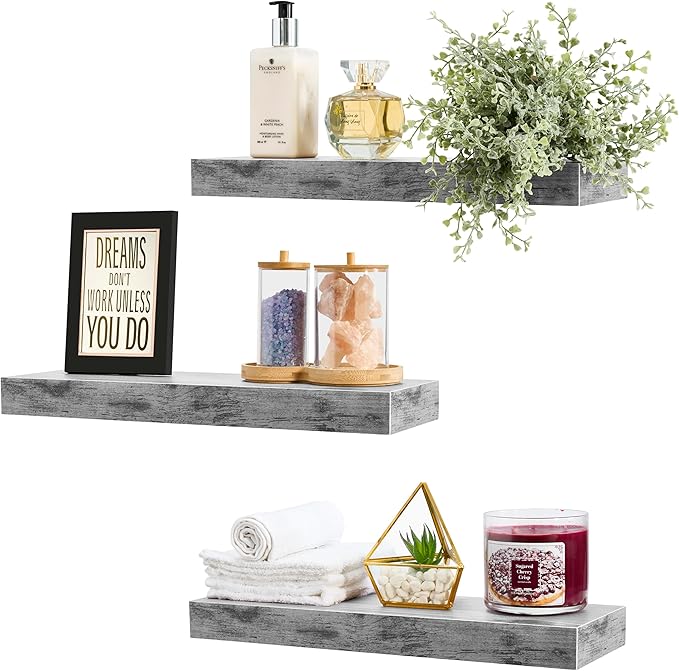 Sorbus Floating Shelves for Wall - Set of 3 Rustic Wood Wall Shelves for Living Room, Kitchen, Bedroom, Bathroom Storage - 16" Book Shelf for Wall/Home Decor, Farmhouse, Frames & Trophy Display