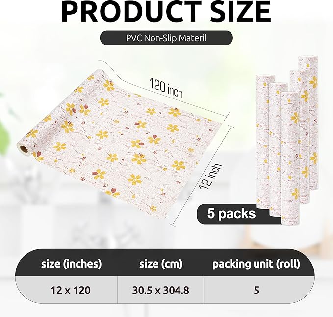 RAY STAR 12X120 Inch Shelf Liner for Kitchen Cabinets, Non-Adhesive Cabinet Liner Washable, PVC Drawer Liner for Dresser Non-Slip Bathroom (Yellow-Floral)(5 Roll)