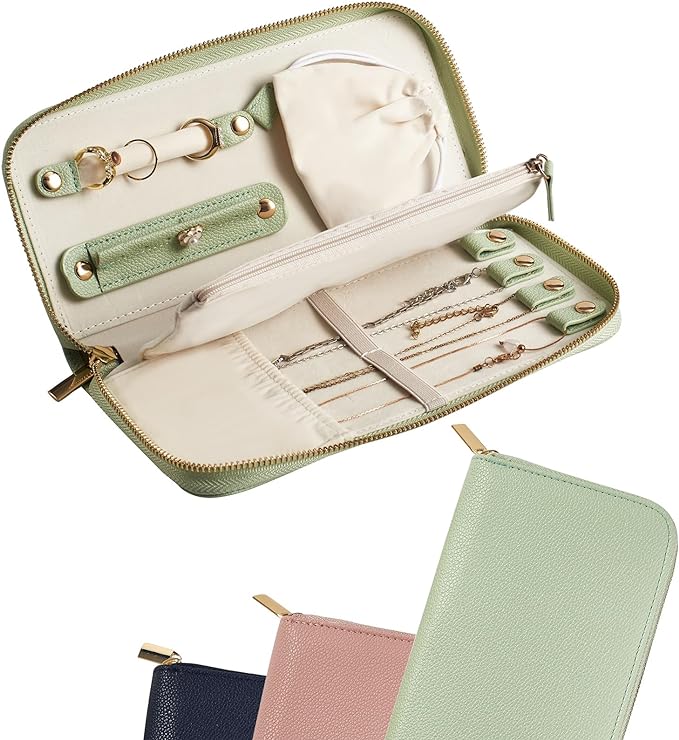 Travel Jewelry Organizer Case - for Tangle-Free Necklaces, Earrings, Rings, Bracelets Storage, Travel Essentials, Fashion Portable Jewelry Travel Bags for Women - Medium Macaron Green