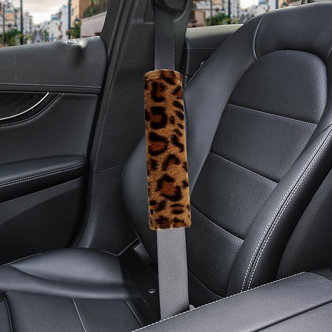 Amooca Soft Faux Fur Universal Fit Seatbelt Cover Car Truck SUV Airplane Seat Belt Shoulder Pad for Carmera Backpack Straps Neck Cushion Protector 2 Pack 10.5in Brown Leopard