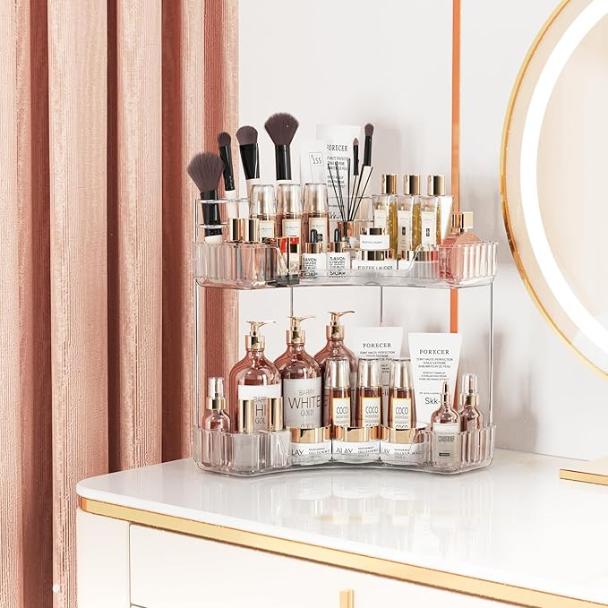 2-Tier Corner Bathroom Counter Organizer with Top Toothbrush Holders,Large Makeup Organizer Countertop with Brush Holder,Skincare Organizers Corner,Exquisite Vanity Organizer(Clear, 2 Tier)