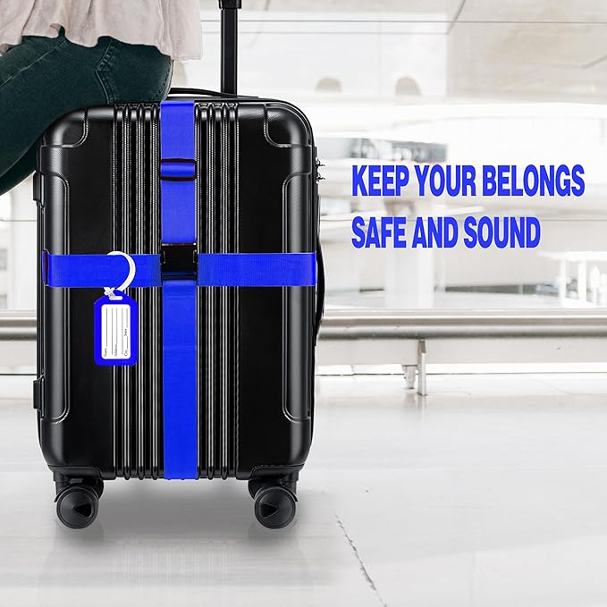 8 Pack Luggage Straps and Tags Set (4 Straps, 4 Tags), Luggage Straps for Suitcases TSA Approved Suitcase Belt Luggage Tags, Blue