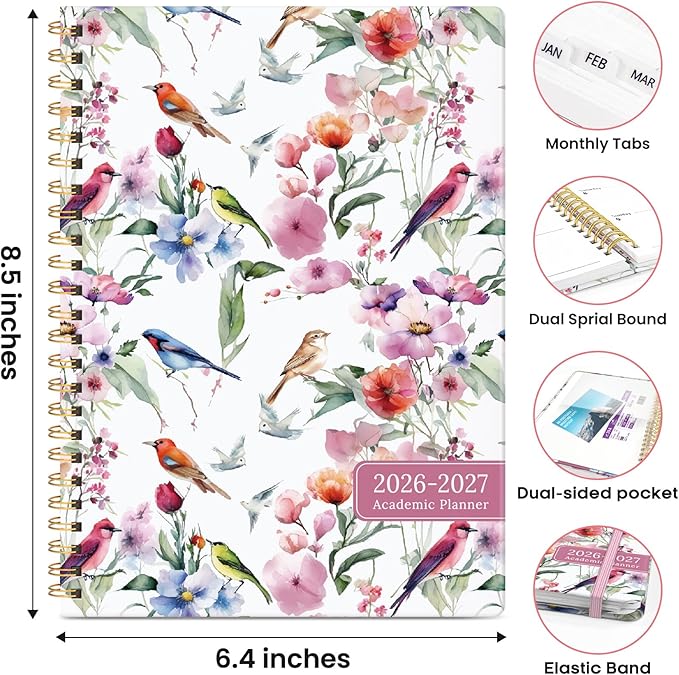 Academic Planner 2026-2027, Weekly and Monthly Calendar Book, July 2026 – June 2027, Hardcover Planner with Tabs, Perfect for Teachers, Students, Women & Men, A5 (6.4" x 8.5") - Songbird Bloom
