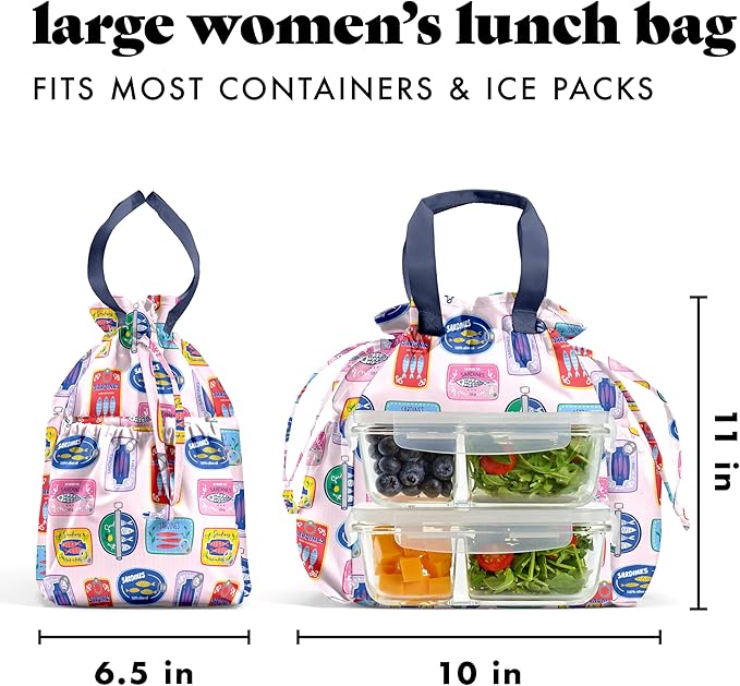 Fit & Fresh Cromwell Drawstring Lunch Bag for Women, Complete Lunch Set with 2 Containers, Stain-Resistant, Leak-Resistant, Back to School Essential, Teacher Lunchbox, Assorted Sardine Cans