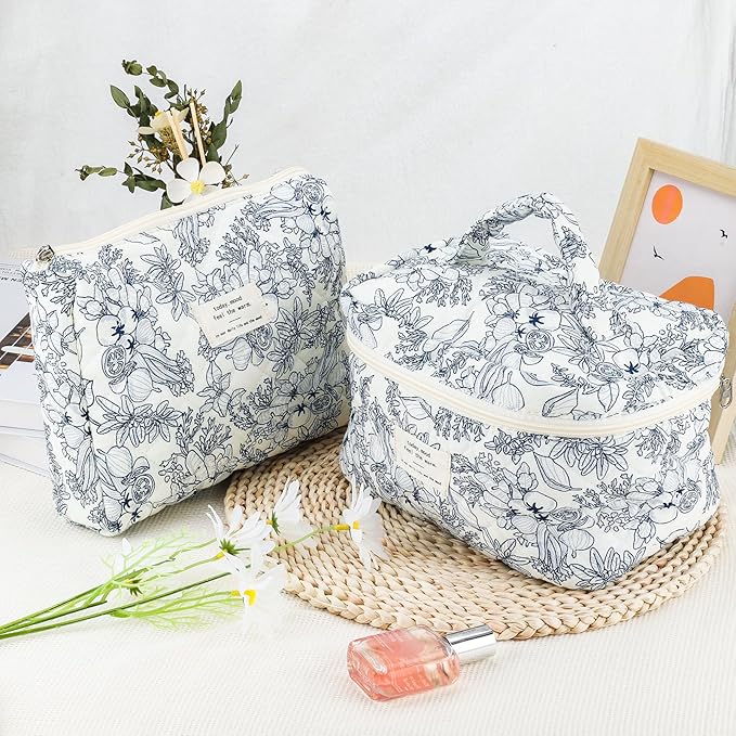 2Pcs Cotton Quilted Makeup Bag for Women Girls Floral Travel Large Small Cosmetic Bag Set Cute Vintage Flower Makeup Pouch Portable Toiletry Bag Organizer Coquette Aesthetic Makeup Brush Bag