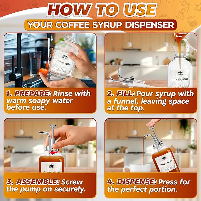 Set of 4 Glass Syrup Bottle with Pump 16.9oz 500 ml – Thick Glass Syrup Dispenser with 18 Marked Labels, Leak-Proof, Easy Cleaning – Coffee Bar Essentials for Home | Event Ready (Silver Pumps)