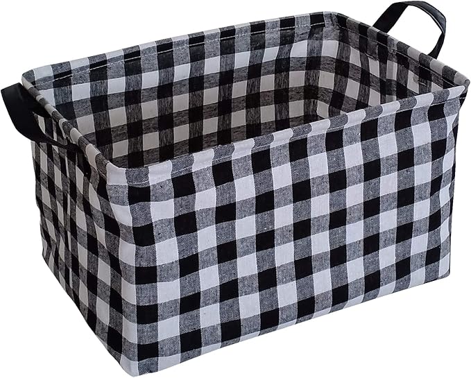 KUNRO Rectang Storage Basket Gift Shelf Basket Storage Bin, Nursery Basket Organizer Box for With Handles for Room Deco(Black grid)
