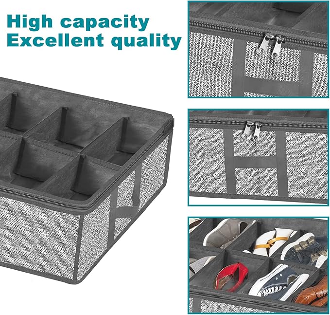 Under Bed Shoe Storage Organizer for Closet 2 Pack - Fits 24 Pairs Underbed Shoes Rack Container Boxes with H Shape Sturdy Handles and Clear Window, Foldable Shoe Rack Holder, Grey