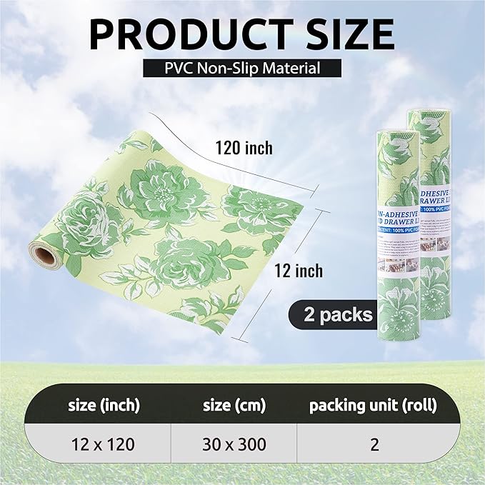 FIFTY FEET 12X120 Inch Shelf Liner for Kitchen Cabinets, PVC Drawer Liner for Dresser Non-Slip Bathroom, Non-Adhesive Cabinet Liner Washable (Green Flower)(2 Roll)