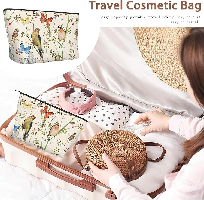 Vintage Bird Butterfly Makeup Bag Travel Cosmetic Bag for Women,Floral Small Make up Pouch Travel Bags for Toiletries Aesthetic Accessories Waterproof Gifts