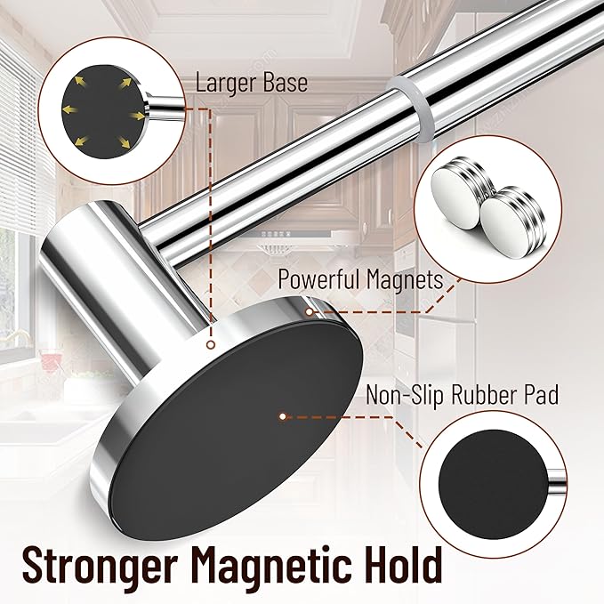 Magnetic Towel Bar, Adjustable Towel Rod with Larger Magnetic Base & Hidden Magnet Design, Non-Slip Magnetic Towel Holder for Refrigerator, Dishwasher, Oven, Washer (Chrome, 2Pack)