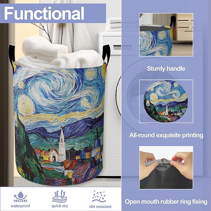 Retro Watercolor Village Laundry Basket-Large Foldable Hamper Holder Portable Tall Collapsible Laundry Hamper Storage Basket Bin with Handles, Canvas & Waterproof lining for Household Items