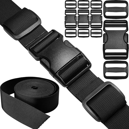 1-1/2" Straps and Buckles Set: 6 Yard Nylon Webbing 1.5 Inch (38mm) Wide, 4 Pack Side Release Buckle, 8 Pcs Tri-Glide Sliders, Plastic Clip Fasteners Replacement Heavy Duty Dual Adjustable No Sew