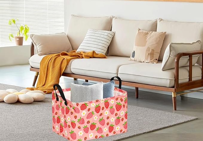 KUNRO Rectang Storage Basket Gift Shelf Basket Storage Bin, Nursery Basket Organizer Box for With Handles for Room Deco (Strawberry)