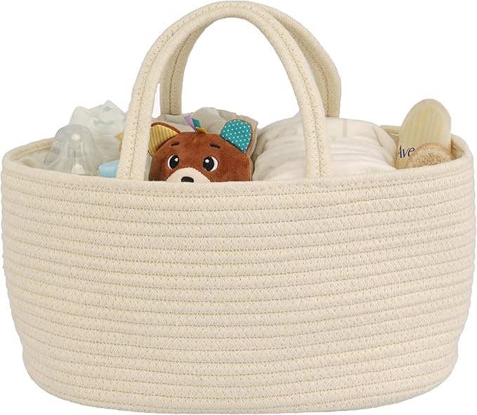 Diaper Caddy Organizer Cotton Rope Baby Basket Nursery Storage and Portable Tote Bag for Car Ideal Baby Shower Gifts and Registry Must-Have for Newborn Essentials Large beige