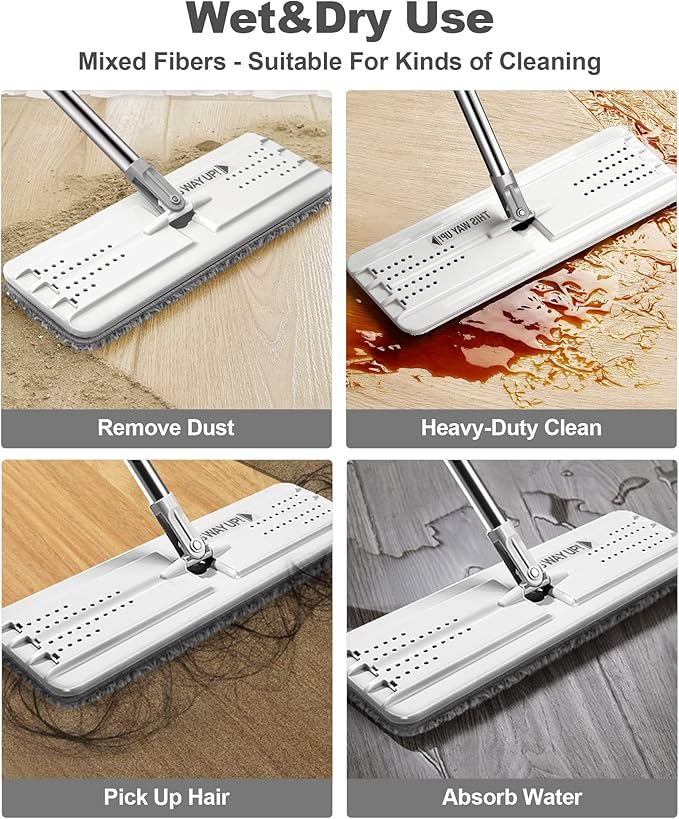 JOYMOOP Flat Mop and Bucket Set with Microfiber Pad, 12 Disposable Toilet Brushes with Stainless Steel Holder, Multi-Functional Cleaner for Household & Commercial Use, Floors, Windows & Toilets