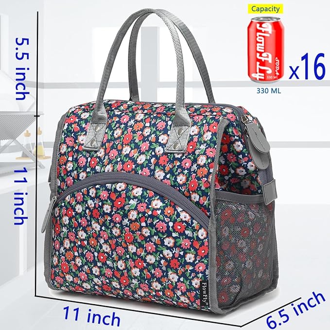 FlowFly Insulated Lunch Bag for Women, Men, Large and Reusable, with Handle, for Work, Travel, and Meal Prep Organizer, Floral